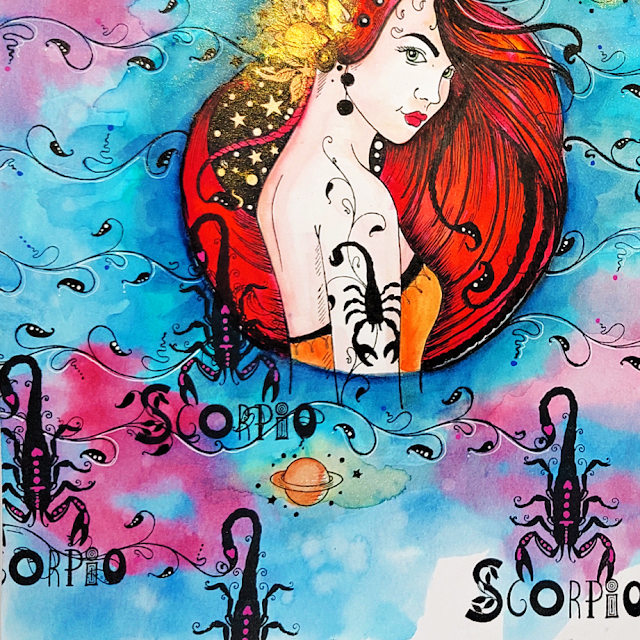 Celebrate Scorpio's bold spirit with Pink Ink's Astrology Series. Art journal page ideas by Lou Sims