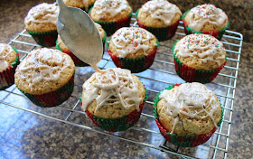 Food Lust People Love: These delicious eggnog muffins with eggnog glaze are redolent with bourbon, eggnog, brown sugar, cinnamon and nutmeg, are perfect for an easy Christmas morning breakfast or afternoon treat.