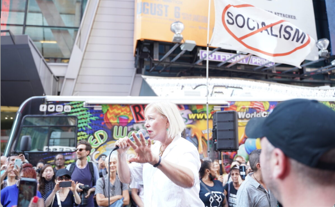 Dr. Christiane Northrup speaks at Broadway Rally For Freedom in Manhattan, New York, on Oct. 16, 2021.