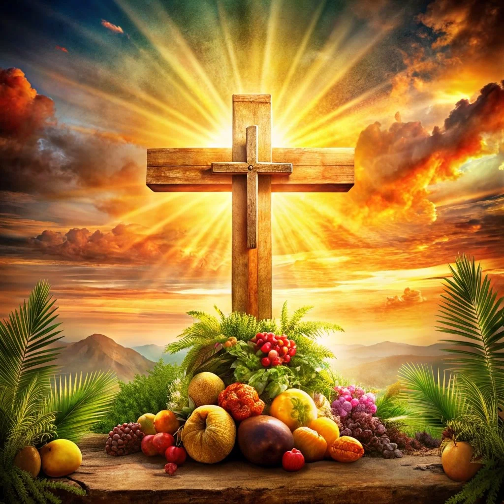  imagen de cruz de madera rodeada de fruta u destellos solares al fondo 