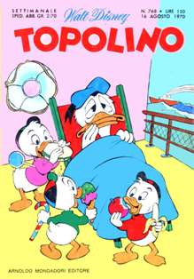 Topolino 768 - 16 Agosto 1970 | ISSN 1120-611X | CBR 215 dpi | Settimanale | Fumetti Classici | Universo Disney
Numero volumi : IN CORSO
Topolino apparve in Italia il 30 marzo 1930, quando sul n.13 del settimanale torinese Illustrazione del Popolo, diretto da Lorenzo Gigli, fu pubblicata la prima striscia disegnata da Ub Iwerks e intitolata Le avventure di Topolino nella giungla. Due anni dopo si ha il primo libro illustrato italiano con le sue immagini: Sua Altezza Reale il Principe Codarello e, poco più tardi, il 31 dicembre 1932, esce il primo numero di Topolino in formato giornale, edito da Nerbini.
Sulla falsariga del celebre Corriere dei Piccoli, anche Topolino si presentava ai lettori con periodicità settimanale e si apriva con una breve storia in cui le didascalie sono scritte in rima e realizzata da Giove Toppi, che divenne quindi il primo autore Disney italiano. Sul settimanale della Nerbini, comunque, trovano spazio soprattutto le strisce e le tavole realizzate da Floyd Gottfredson. In queste storie vengono anche introdotte delle didascalie in rima, scritte dal primo direttore della rivista, Paolo Lorenzini (detto Collodi Nipote in quanto nipote di Carlo Collodi), e viene anche assegnato il nome definitivo alla spalla di Topolino, ovvero quel Pippo un po' lunatico e un po' svampito che sui libri della Salani veniva ancora chiamato Medoro.
Nerbini non si era assicurato correttamente i diritti di pubblicazione: quando aveva varato la sua rivista, infatti, si era rivolto al Consorzio Cinematografico E.I.A., il distributore dei cortometraggi di Topolino, quando in realtà i diritti per le riviste erano stati dati in mano al giornalista Guglielmo Emanuel dallo stesso Disney. Per cui, per un paio di numeri, la testata passò da Topolino a Topo Lino, per poi riprendere la nota testata con il n.7. Il Topolino Giornale era formato da otto pagine e non conteneva solo storie a fumetti Disney ma anche storie non-Disney che anzi erano di solito la maggioranza delle storie presenti in un numero.
Il numero 137 del Topolino Giornale, dell'11 agosto 1935, segna il passaggio di consegne da Nerbini alla Mondadori. Il fascismo, tuttavia, causò dei problemi al giornale. Dal 1938, il Min.Cul.Pop. (Ministero della Cultura Popolare) impone alla stampa di non editare più i protagonisti del fumetto popolare americano. Il solo Topolino è risparmiato, e così il suo logo e il suo personaggio possono continuare ad esistere nelle edicole italiane, ma in piena seconda guerra mondiale, a partire dal n.476 del 27 gennaio 1942, anche il settimanale è costretto a cedere alle restrizioni. Lo sostituisce Tuffolino, un ragazzetto dalle medesime caratteristiche fisiche, disegnato dal grande illustratore Pierlorenzo De Vita. Con la fine del fascismo, le avventure di Topolino poterono di nuovo essere pubblicate.
Alla fine degli anni quaranta, però, i giornali a fumetti che pubblicavano storie a puntate di non più di due tavole ad episodio erano irrimediabilmente in crisi, e così lo stesso Topolino, le cui vendite erano di gran lunga calate rispetto al periodo d'oro. Mondadori, però, non poteva rinunciare alla rivista da edicola per non perdere i ricchi diritti delle pubblicazioni da libreria, così decise un doloroso ma necessario cambio di formato e periodicità. Nel 1949 nasce così il periodico a fumetti Topolino formato libretto, all'inizio con cadenza mensile, quindi quindicinale e, infine, settimanale, fino a giungere a oggi al suo sessantesimo anniversario e con oltre 3000 numeri usciti, ricchi di storie tra le più famose, con autori da Carl Barks a Romano Scarpa, da Floyd Gottfredson a Giovan Battista Carpi e così via.