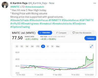 Stocks to watch : MMTC LTD - 13.10.2023