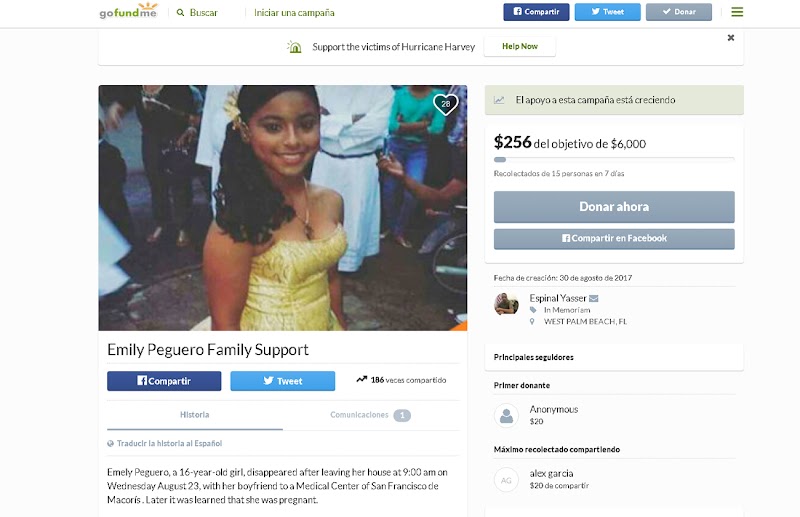 Donan $256 dólares en siete días  de una meta de $6.000 para gastos de funerales de Emily Peguero 