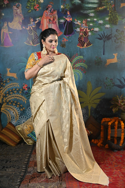 Cream and gold Banarasi silk saree