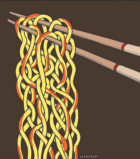 a Seymour Chwast illustration of noodles and chopsticks
