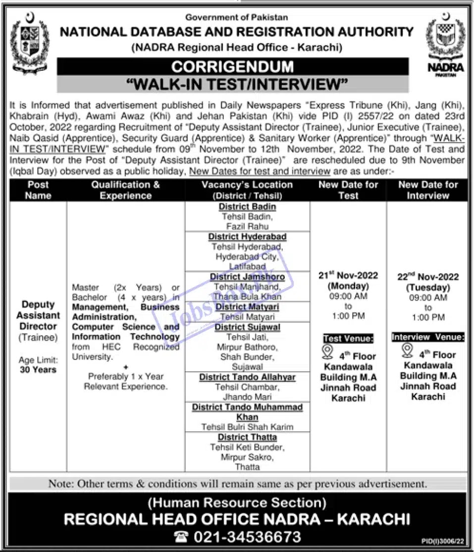 National Database and Registration Authority NADRA Karachi Jobs 2022 Latest Advertisement