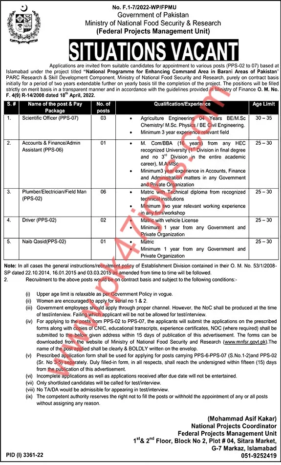 Ministry of National Food Security and Research Jobs 2022