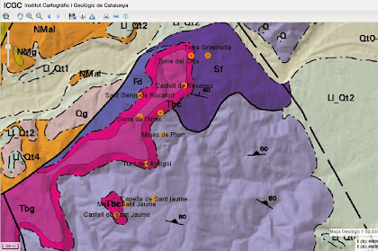 Mapa geològic de la zona de la caminada, on s'aprecia l'extensió dels conglomerats i gresos de la Serra de l'Ataix