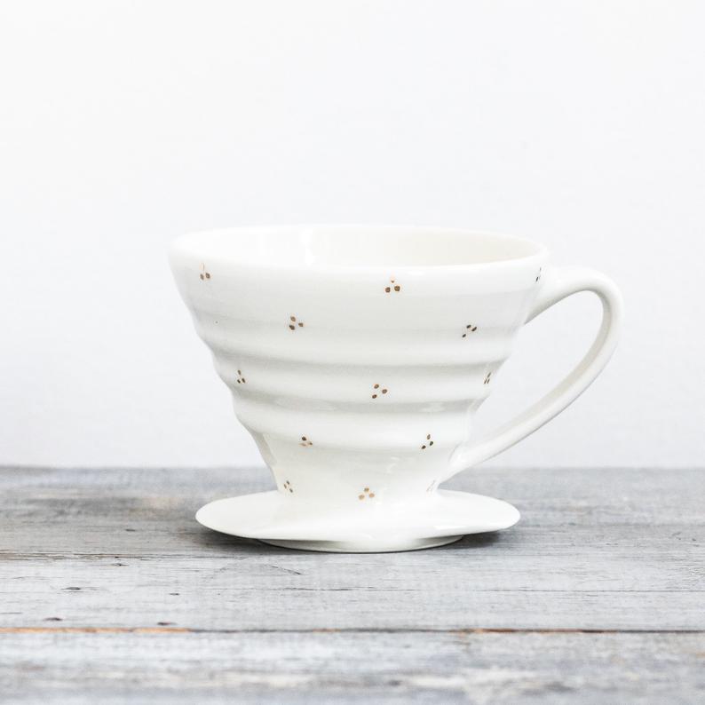 handmade ceramic white coffee dripper with golden dots
