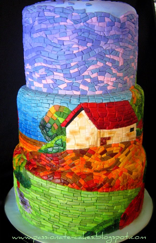 My Tuscan II mosaic art and White lace wedding cake