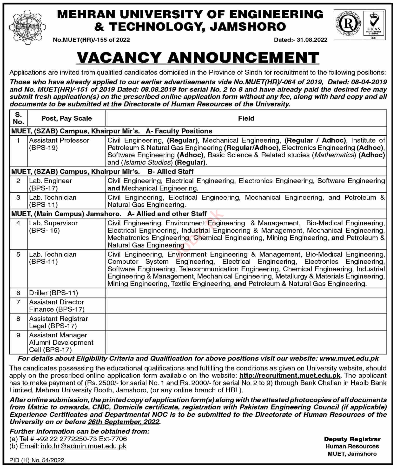 Mehran University of Engineering & Technology Jamshoro Job 2022,university,private,Recent jobs,Assistant Professor,professor,lecturer jobs,