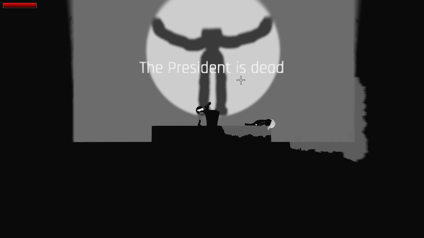 The the background a flag or logo shows a large headless robot it's arms raised up as though praising the sun. In the foreground in Silhouette and black and white a man with a gun and shades stands next to a podium pointing his gun into the air. On the floor lies a man in a suit with styled hair there is a pool of blood under him. In white text in the middle of the screen the words "The President is Dead" are written.