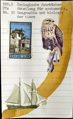 hawk sailing ship library card postage stamp Fluxus mail art collage