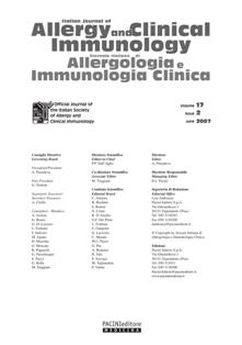 Giornale Italiano di Allergologia e Immunologia Clinica 2007-02 - Giugno 2007 | ISSN 1120-6373 | TRUE PDF | Trimestrale | Professionisti | Medicina | Salute | Allergologia | Immunologia
La rivista della Società Italiana di Allergologia, Asma e Immunologia Clinica (SIAAIC) ha progressivamente assunto un ruolo di primo piano nello scenario dell’aggiornamento dedicato alla vasta realtà delle malattie allergologiche ed immunologiche, che negli ultimi anni si stanno rivelando ad alto impatto clinico e sociale.
Dal 2012 ha preso il nome di Review of Allergy and Clinical Immunology ed è edita solo in lingua inglese.