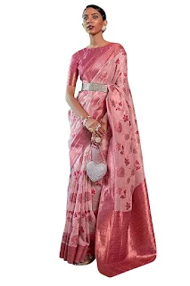 SWORNOF Women’s Kanjivaram Banarasi Patola Saree – Zari Weaving Organza Silk Saree with Unstitched Blouse Piece for Festive & Traditional Wear