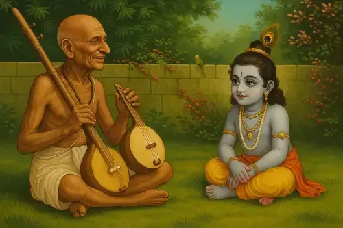 सूरदास की अनोखी भक्ति को दर्शाने वाली छवि। अंधे कवि सूरदास की भगवान कृष्ण के प्रति अटूट प्रेम और भक्ति भरे काव्य की प्रेरणादायक कहानी। उनकी आध्यात्मिक यात्रा और कृष्ण भक्ति की मिसाल।
