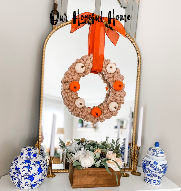 fall living room mantel decor chunky knit wreath pumpkins chinoiserie jars