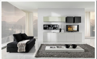 livingroom with black sofa and white interior