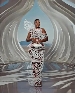 White incredibly unique material used to craft this Asoebi celebrity gown - AJ-Label