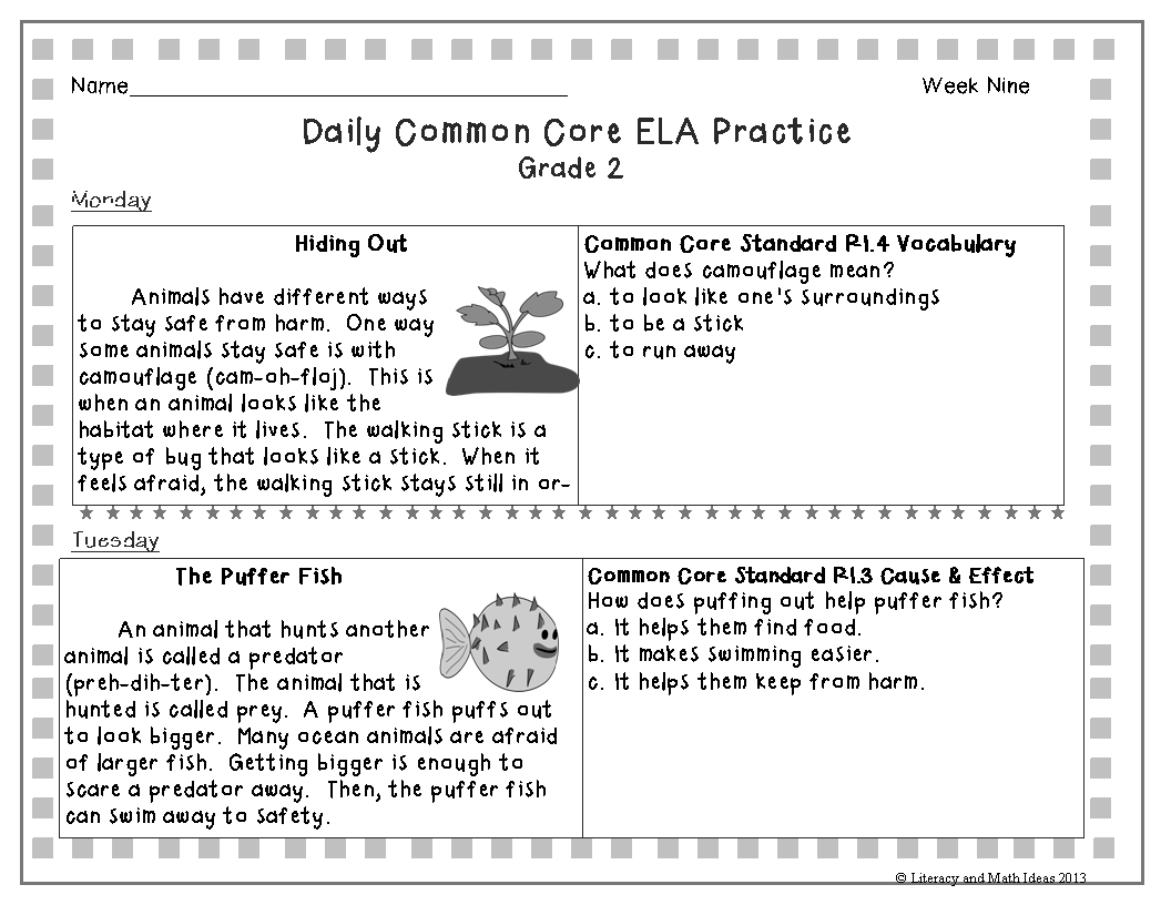 Literacy & Math Ideas Mon Core Second Grade Reading