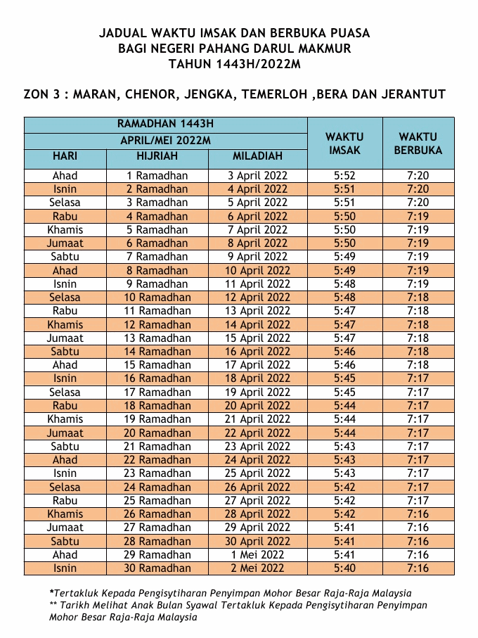 Waktu Imsak dan Berbuka Puasa Ramadhan 1443H 2022M Pahang zon 3