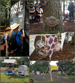 Collage of photos from Just So Festival Spellbound Forest - clay faces on trees, chalk board when I grow up, flags