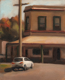 Oil painting of a white car parked near a double-story Victorian-era shop.