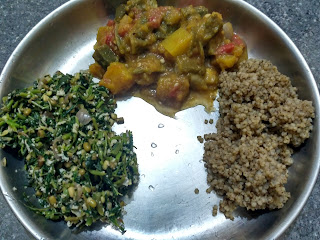 Boiled Kodo millet rice, Amaranth greens green gram sprouts poriyal,  Pumpkin Ladies finger Life Natural sambhar