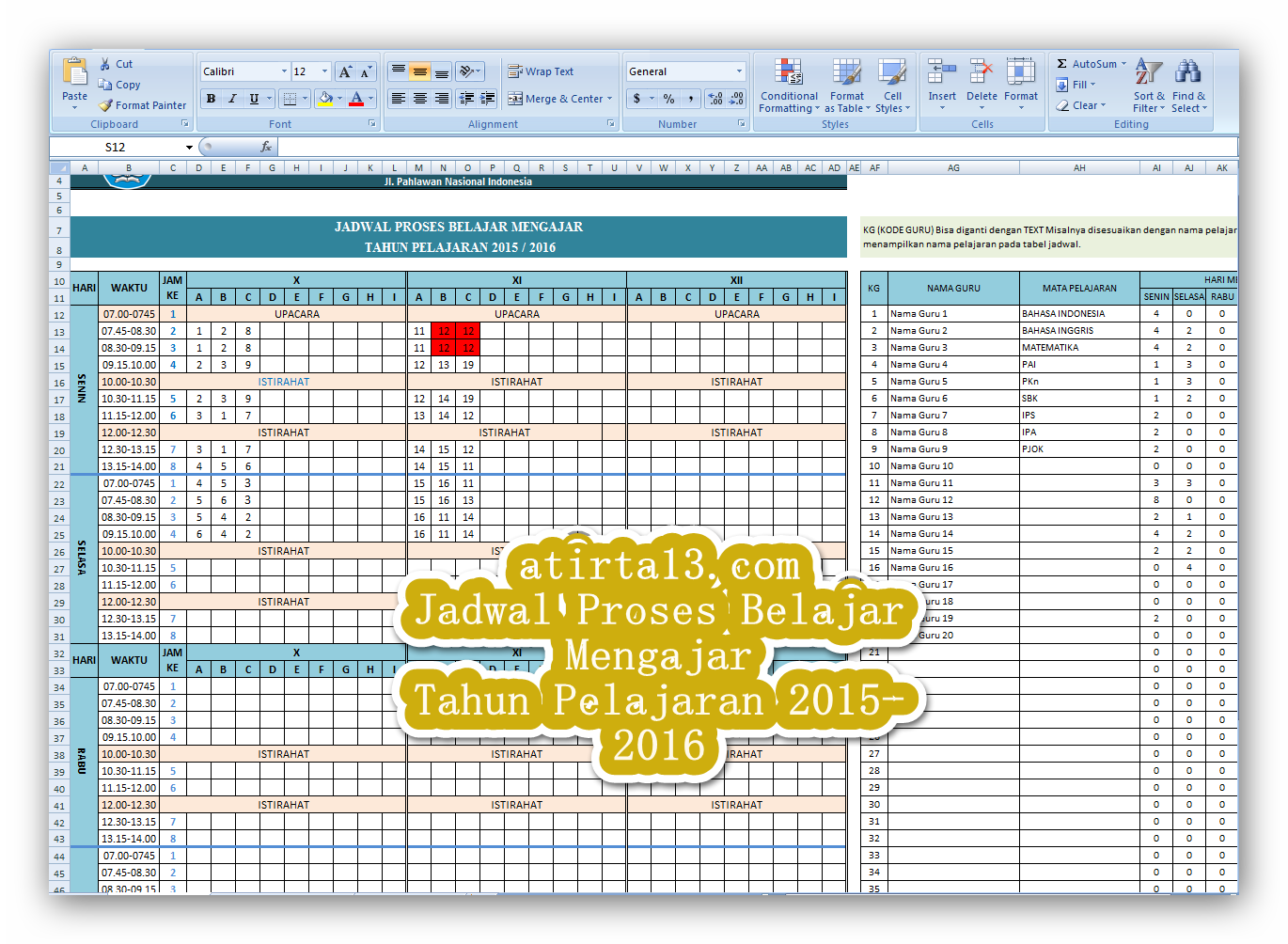 APLIKASI JADWAL PELAJARAN dengan Microsoft Excel