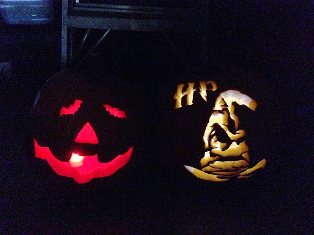 Pumpkin Carvings: The Jack-O-Lantern with a twist on the left and the Harry Potter Sorting Hat on the right. #dreamsmorerealthanreality