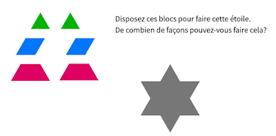 Arrange six pattern blocks to form a 12-pointed star: 2 equilateral triangles, 2 rhombuses, 2 trapeziums.