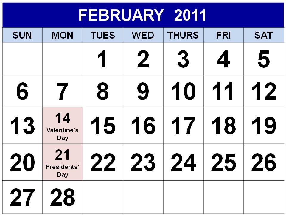 Free Printable USA / US February 2011 Calendar with big fonts