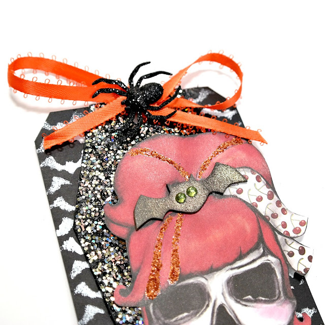 Black Stenciled Chipboard Tag with Glittered Coffin and Skull with Flowers