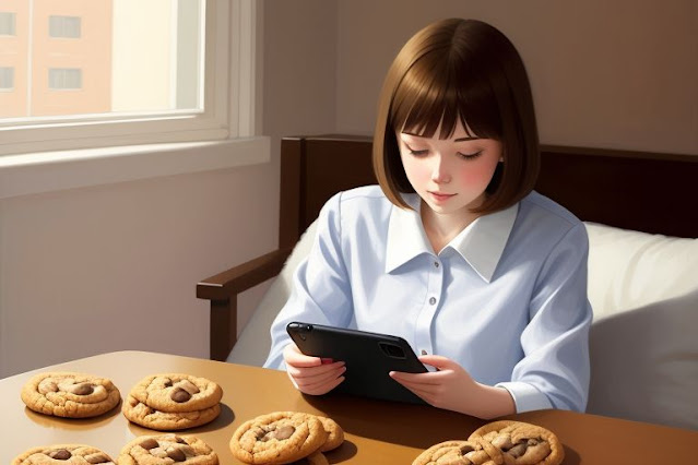 Mujer usando la tablet frente a una mesa llena de galletas.