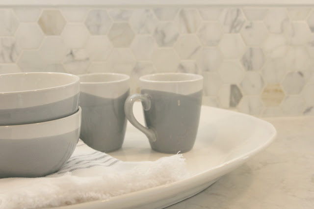  Serene Nordic French kitchen grey and white kitchen with marble statement wall and quartz countertop DIY Kitchen Makeover: Calacatta Marble Accent Wall