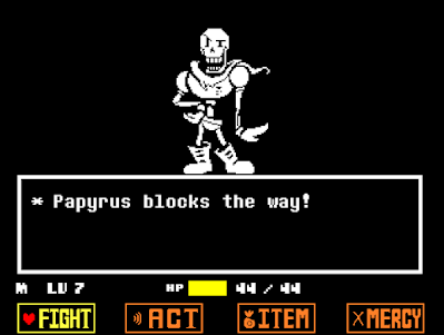 The player battles Papyrus, the final enemy of Snowdin in Undertale.