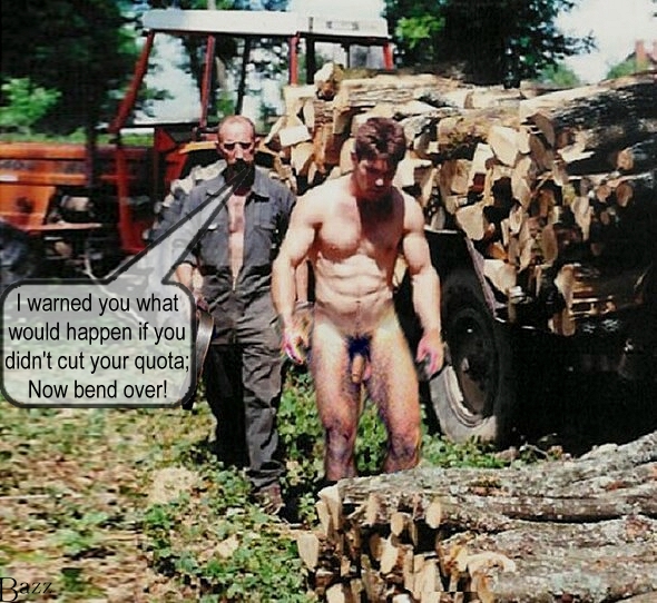 Naked man about to be spanked with a heavy belt over a woodpile, slavery punishment