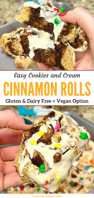 Craving cinnamon rolls but need to eat gluten free, dairy free or vegan? Then you'll love these easy, allergy-friendly Cookies & Cream Cinnamon Rolls.