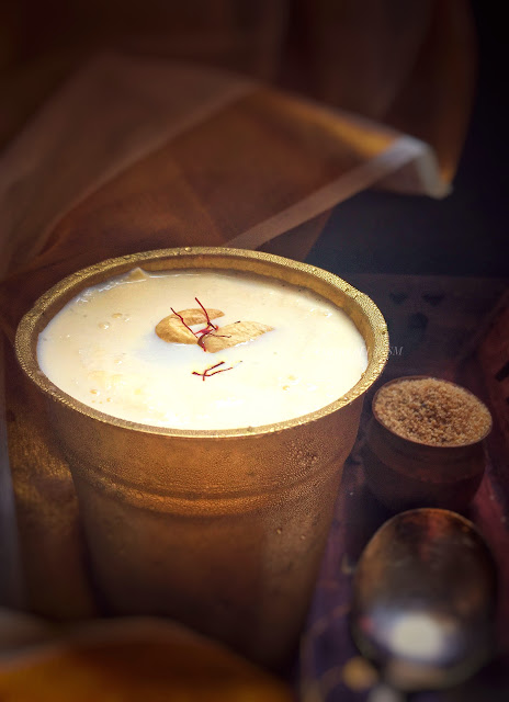 ""A glass of Gase Gase Payasam garnished with roasted cashew nuts and saffron - A heavenly dessert from Karnataka, India."