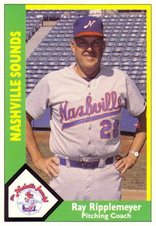 Ray Rippelmeyer 1990 Nashville Sounds card, Ripplemeyer posed standing, hands on hips