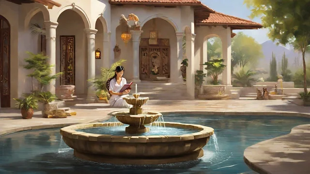AI Image Representing: [1] Wisdom's Fountain: Investment Inheritance Unveiled [2] A tranquil courtyard with a majestic fountain, where financial wisdom flows like water. The wife, holding scrolls of investment knowledge, unveils the secrets of wise investing. Soft sunlight bathes the scene. [3] Set in a serene courtyard with a mesmerizing fountain, the environment exudes tranquility and financial wisdom. The soft sunlight adds warmth, enhancing the intellectual and serene atmosphere of the scene. [4] The mood is one of intellectual richness and contemplation, captured by the soft sunlight and the wife's thoughtful expression. The scene evokes a sense of quiet wisdom and the unveiling of the secrets of financial prosperity. [5] Oil Painting [6] Executed with traditional oil painting techniques, this artwork will depict the courtyard and fountain with rich textures and nuanced color palettes. The use of soft brushstrokes will enhance the intellectual and serene quality of the painting.