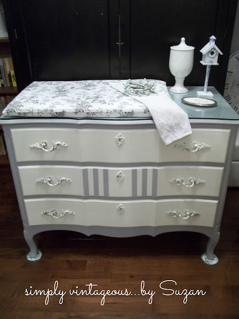 Paris, grey, old, white, dresser, changing, table, painted, stripes, annie, sloan, chalk,