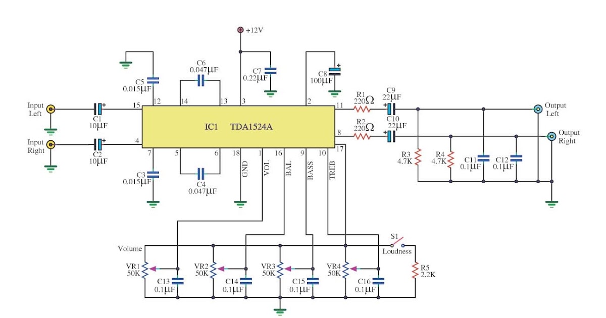 Tone Control Circuit using TDA1524A |simple schematic diagram