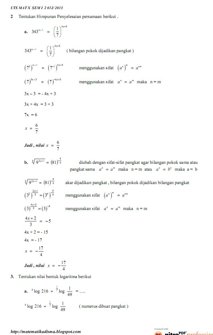 MATEMATIKA DI SMA: SOAL DAN PEMBAHASAN UTS MATEMATIKA SMA KELAS X BAB I PANGKAT AKAR DAN LOG 