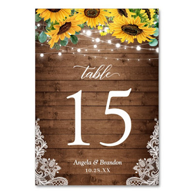  Rustic Wood Sunflowers String Lights Lace Wedding Table Number