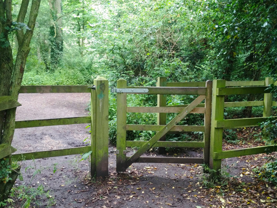 The gate leading to Gobions Open Space, including Gobions Pond