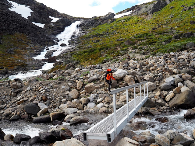 Jezero, přechod, most, trek, příroda, Jotunheimen, Norsko