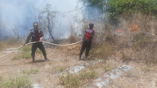 Anggota Polsek Temon Padamkan Kebakaran Lahan