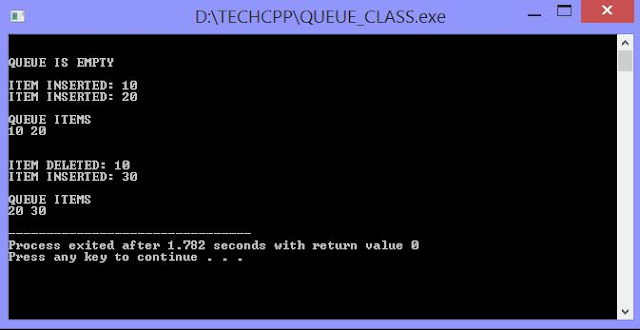 C++ Program to implement queue through classes and objects with output