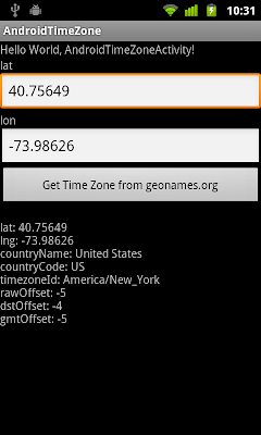 Get Time Zone of location, from web service of www.geonames.org